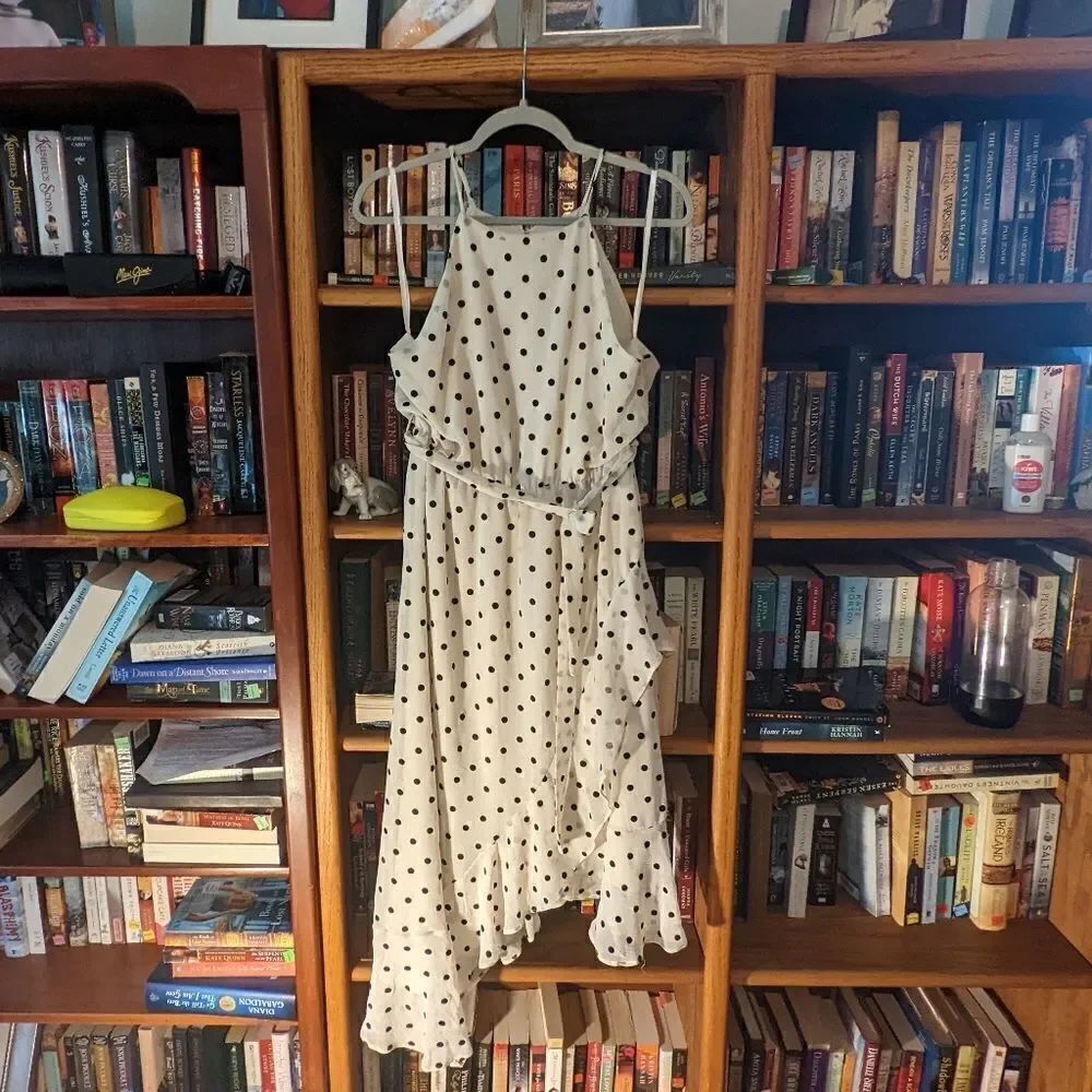 𝅺bardot ruffle asymetrical hem sleeveless polkadot dress nwt sz 10